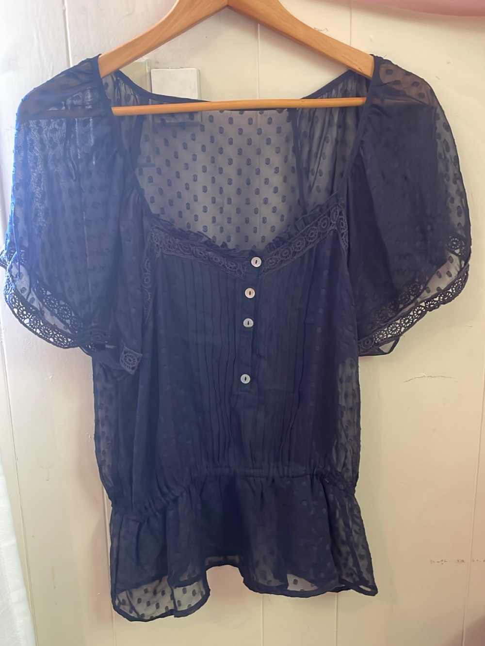 Sheer Navy Dot Puff-Sleeve Peplum Blouse - Women